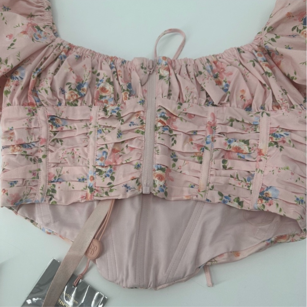 House of CB GRACIE PINK FLORAL PUFF SLEEVE CORSET TOP Size Large New with Tag - Picture 14 of 16